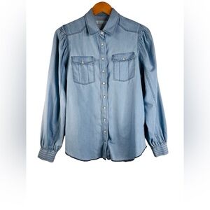The Shirt by Rochelle Behrens Chambray Puff Long Sleeve Blouse Pearl Snap Size S
